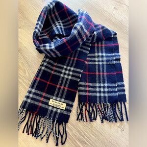 AUTHENTIC BURBERRY 100% Lambswool Navy Blue Red Nova Check Scarf Scotland EUC